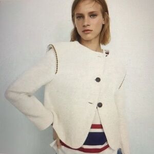 Zara ecru textured jacket with braided trim sz M